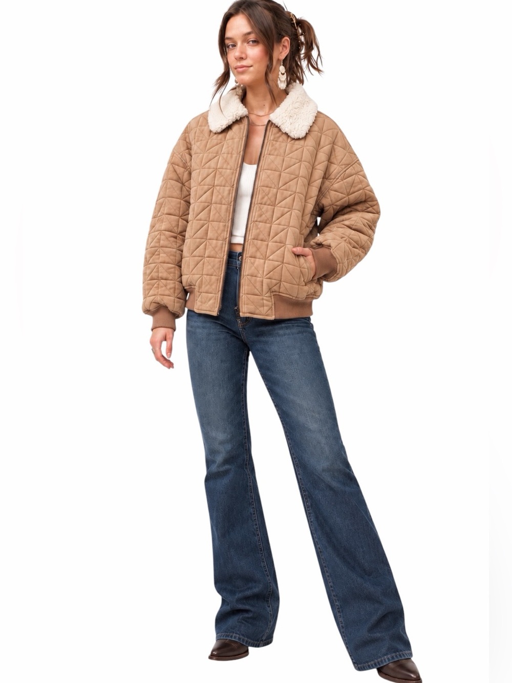 NEW blue b Light Brown Tan Quilted Cotton & Sherpa Cream Collar Zip Up Jacket